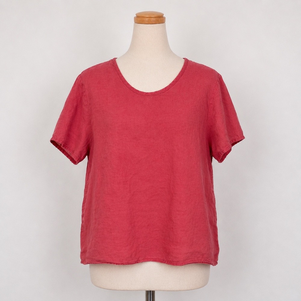 FLAX Jeanne Engelhart M Pink 100% Linen Short Sleeve Scoop Neck Boxy Blouse Top